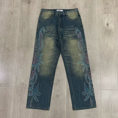 Vale Valley Hip Hop Rhinestone Straight Jeans