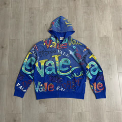 VALE VALLEY Full Graffiti Printed Hoodie Hoodie Sweatshirt Men's and Women's Loose Aging Hot Diamond Pulling Coat