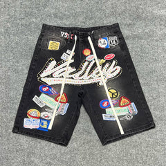 VALE VALLEY Embroidered Badge Rhinestone Denim Shorts