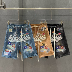 VALE VALLEY Embroidered Badge Rhinestone Denim Shorts