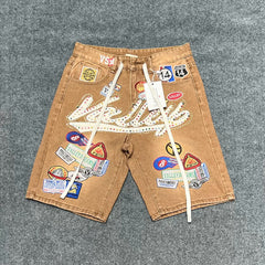 VALE VALLEY Embroidered Badge Rhinestone Denim Shorts