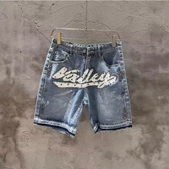VALE VALLEY Rhinestone Graphic Denim Shorts
