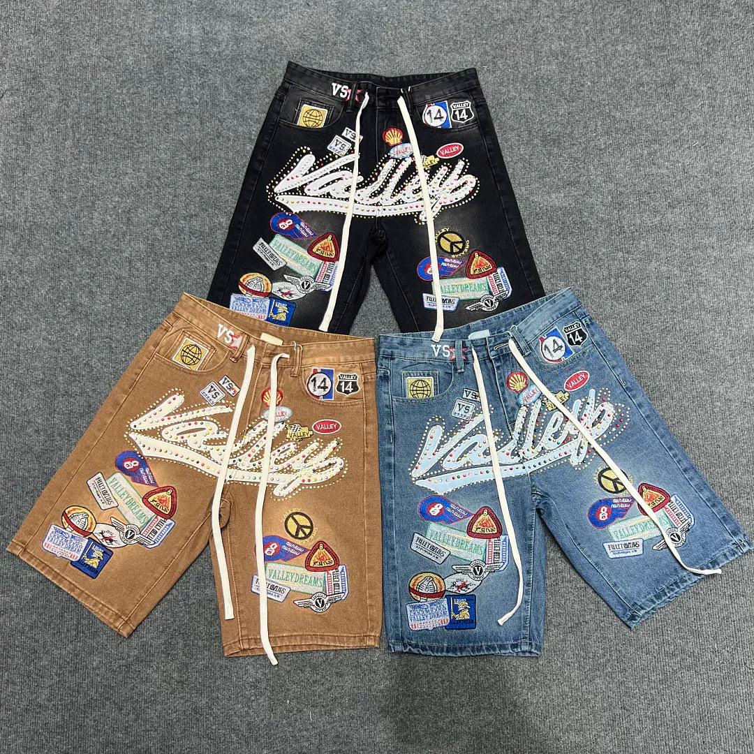 VALE VALLEY Embroidered Badge Rhinestone Denim Shorts