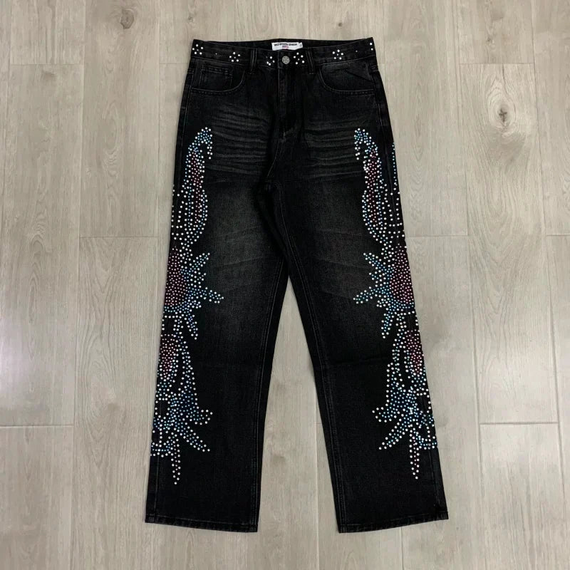 Vale Valley Hip Hop Rhinestone Straight Jeans