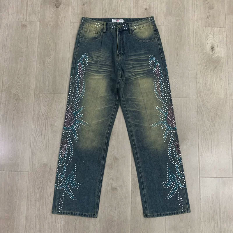 Vale Valley Hip Hop Rhinestone Straight Jeans