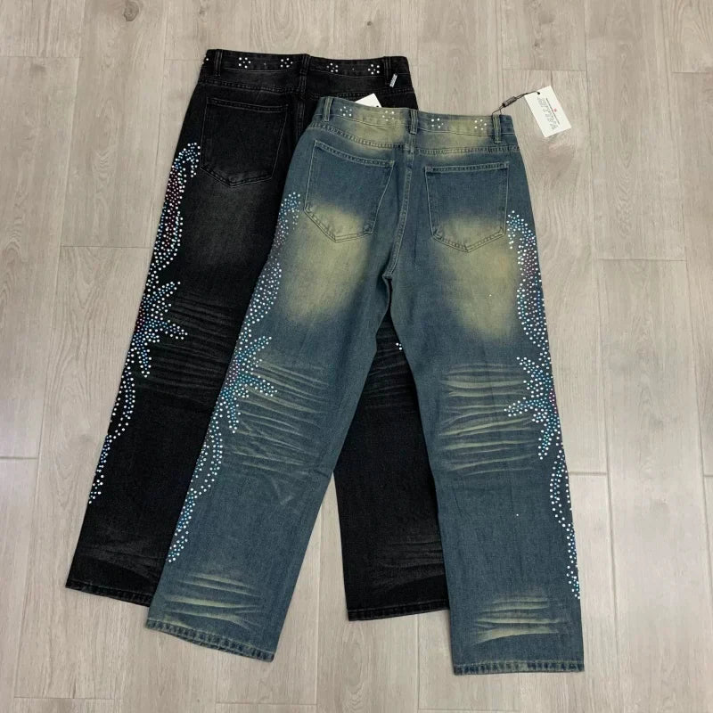 Vale Valley Hip Hop Rhinestone Straight Jeans