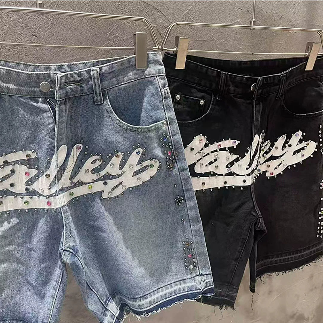VALE VALLEY Rhinestone Graphic Denim Shorts