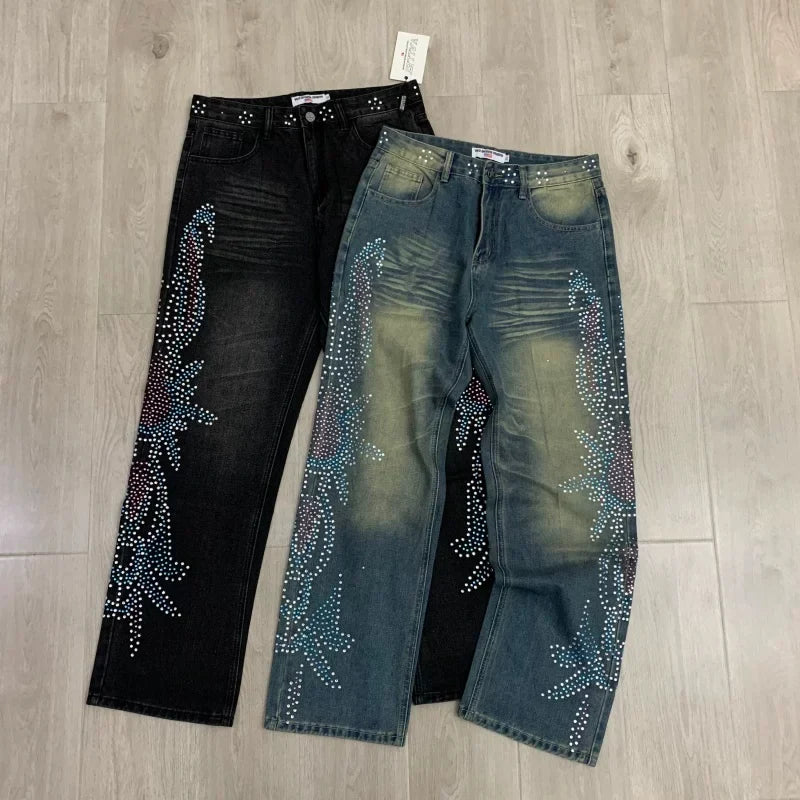 Vale Valley Hip Hop Rhinestone Straight Jeans