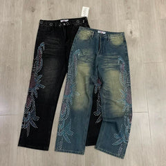 Vale Valley Hip Hop Rhinestone Straight Jeans