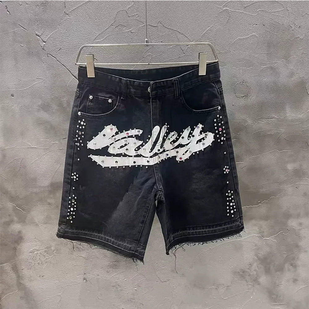 VALE VALLEY Rhinestone Graphic Denim Shorts