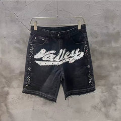 VALE VALLEY Rhinestone Graphic Denim Shorts