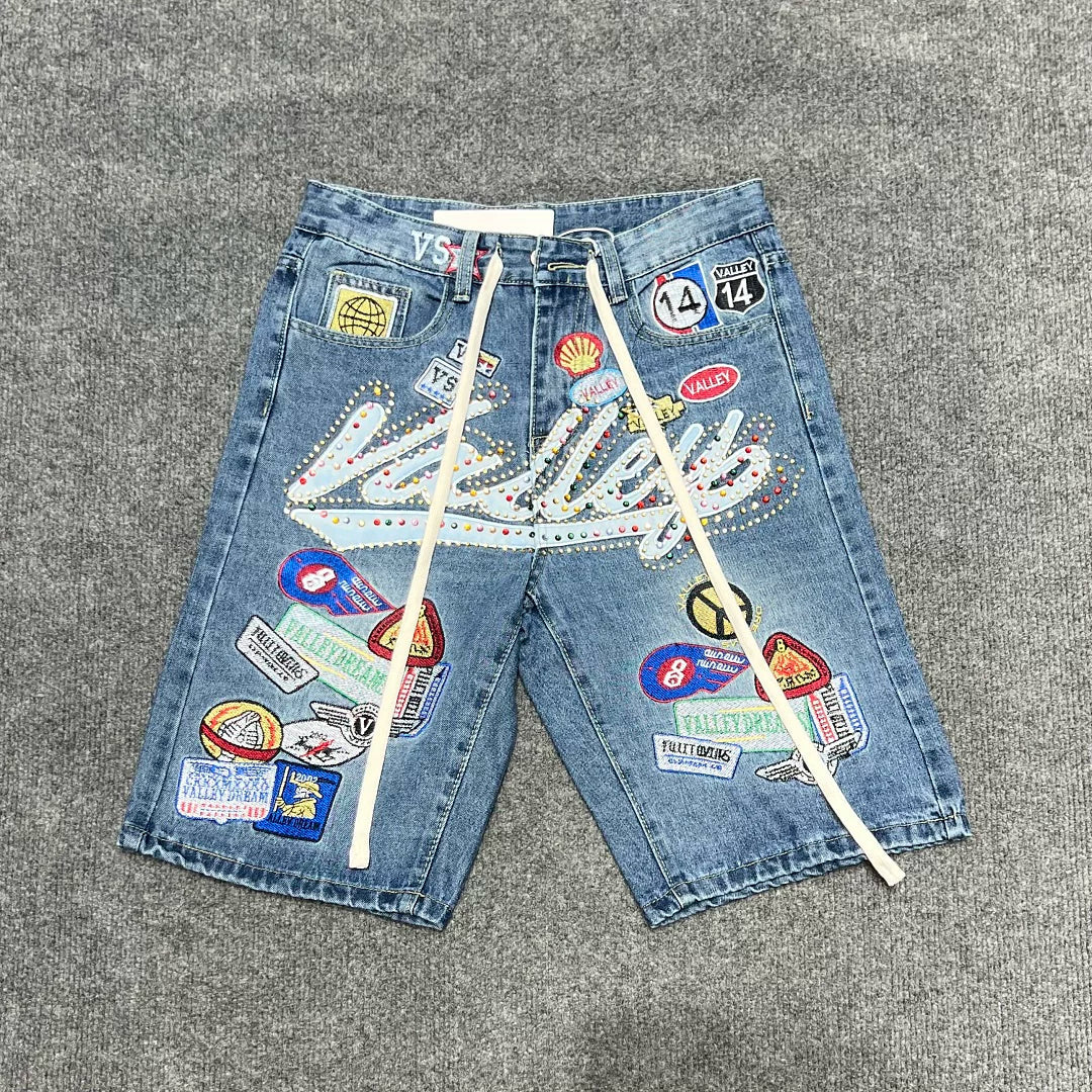 VALE VALLEY Embroidered Badge Rhinestone Denim Shorts