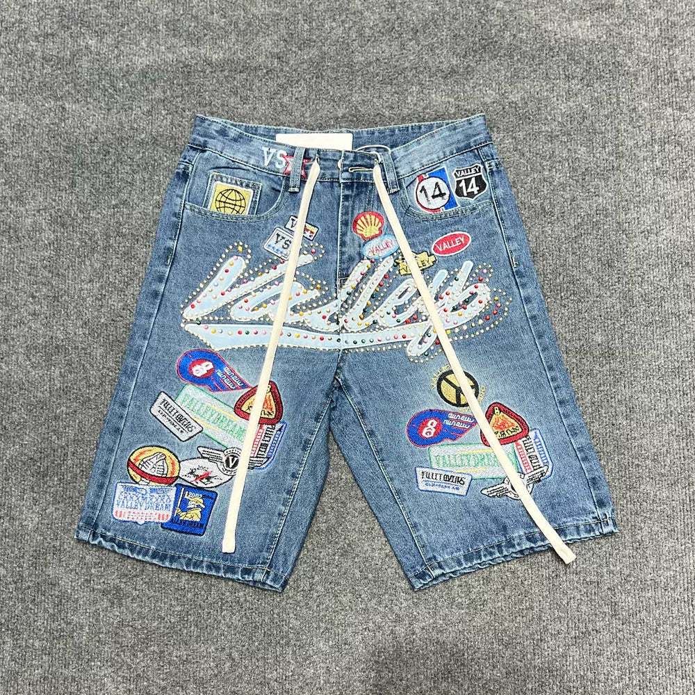 VALE VALLEY Embroidered Badge Rhinestone Denim Shorts