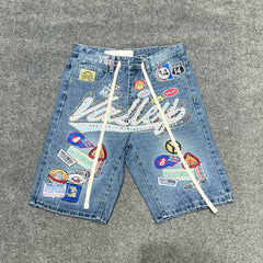 VALE VALLEY Embroidered Badge Rhinestone Denim Shorts