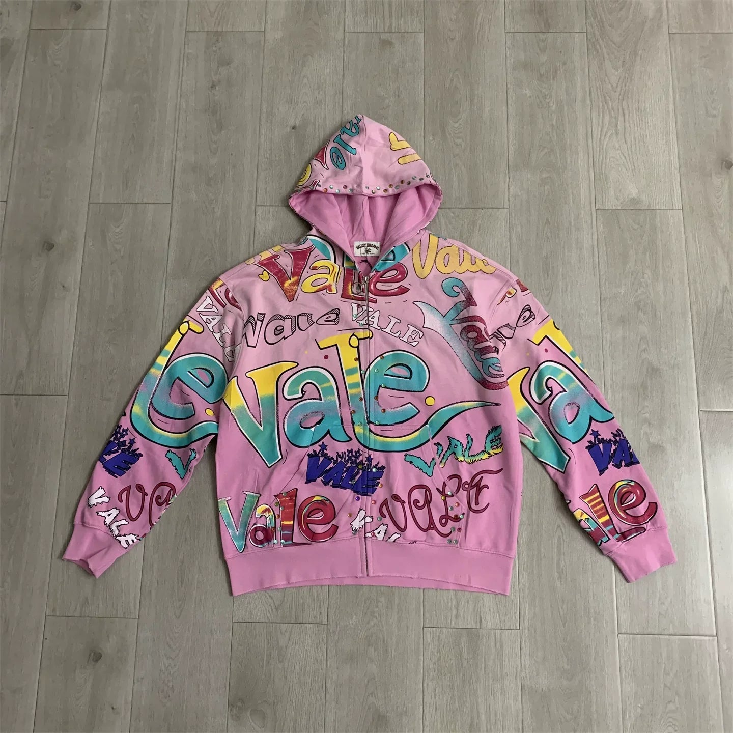 VALE VALLEY Full Graffiti Printed Hoodie Hoodie Sweatshirt Men's and Women's Loose Aging Hot Diamond Pulling Coat