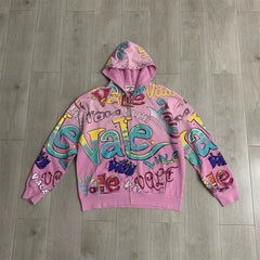 VALE VALLEY Full Graffiti Printed Hoodie Hoodie Sweatshirt Men's and Women's Loose Aging Hot Diamond Pulling Coat