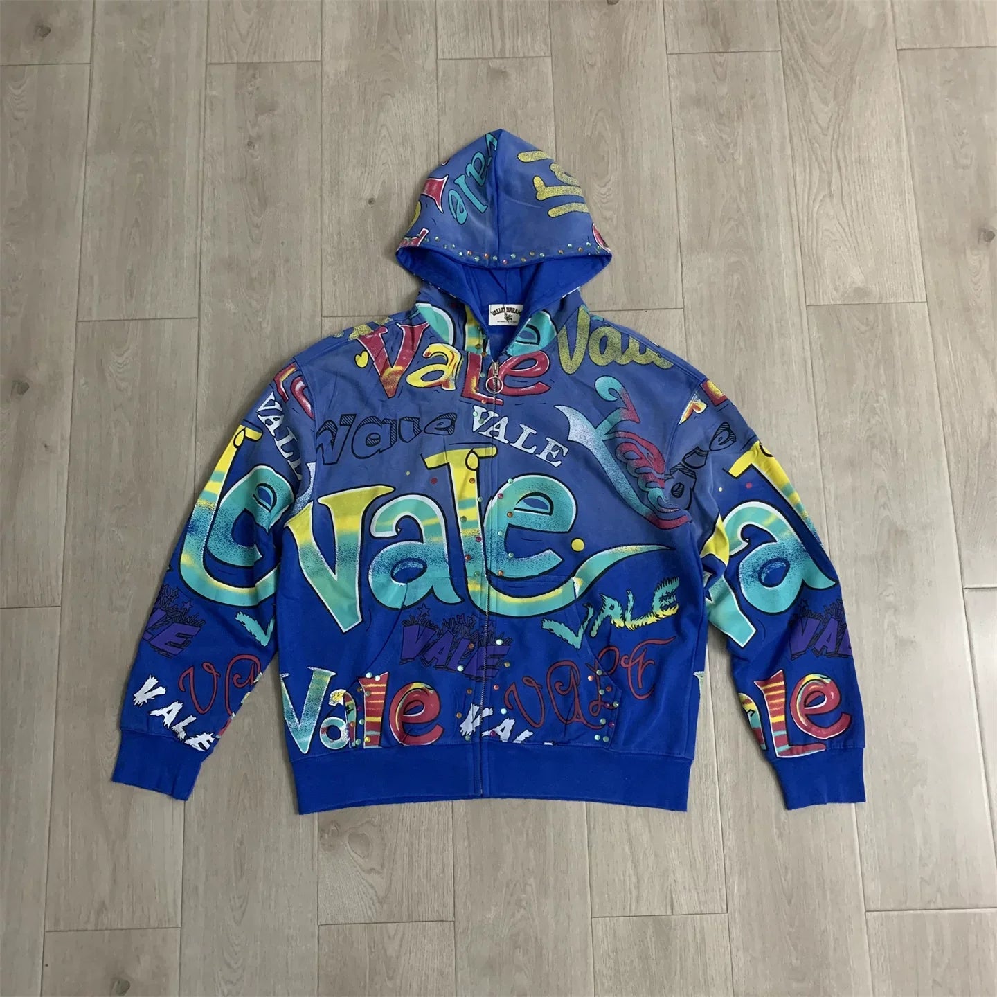 VALE VALLEY Full Graffiti Printed Hoodie Hoodie Sweatshirt Men's and Women's Loose Aging Hot Diamond Pulling Coat