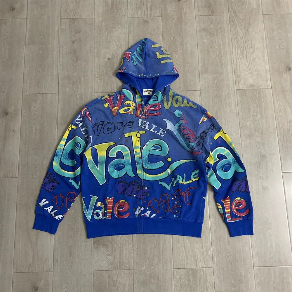 VALE VALLEY Full Graffiti Printed Hoodie Hoodie Sweatshirt Men's and Women's Loose Aging Hot Diamond Pulling Coat