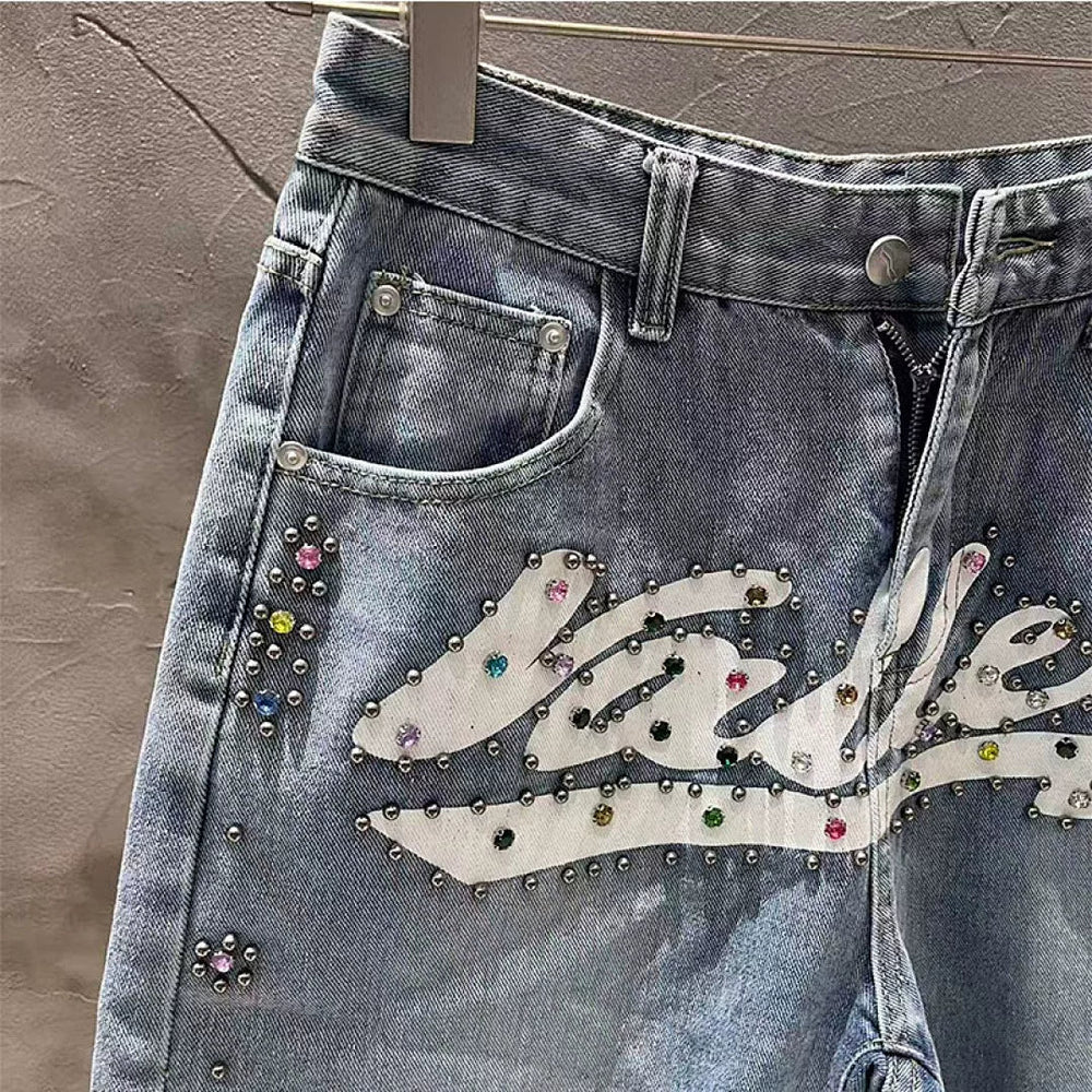 VALE VALLEY Rhinestone Graphic Denim Shorts
