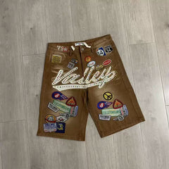 VALE VALLEY Embroidered Rhinestone Denim Shorts