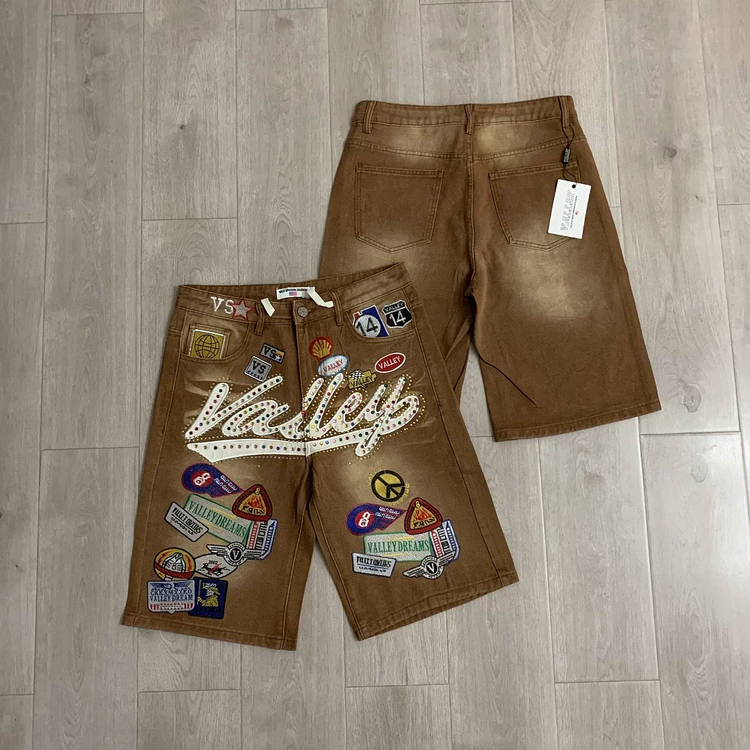 VALE VALLEY Embroidered Rhinestone Denim Shorts