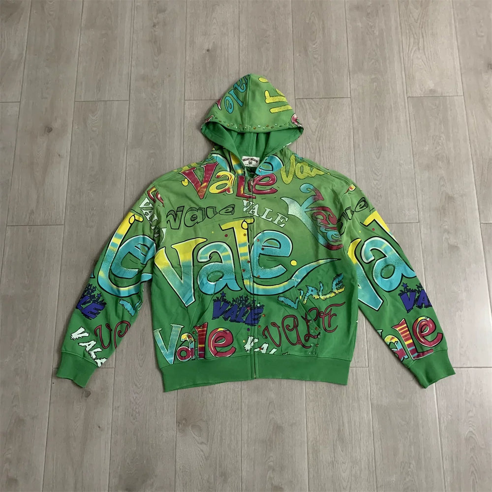 VALE VALLEY Full Graffiti Printed Hoodie Hoodie Sweatshirt Men's and Women's Loose Aging Hot Diamond Pulling Coat