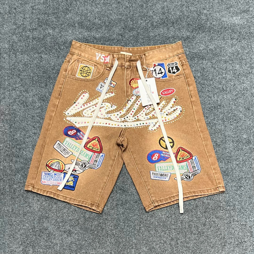 VALE VALLEY Embroidered Badge Rhinestone Denim Shorts