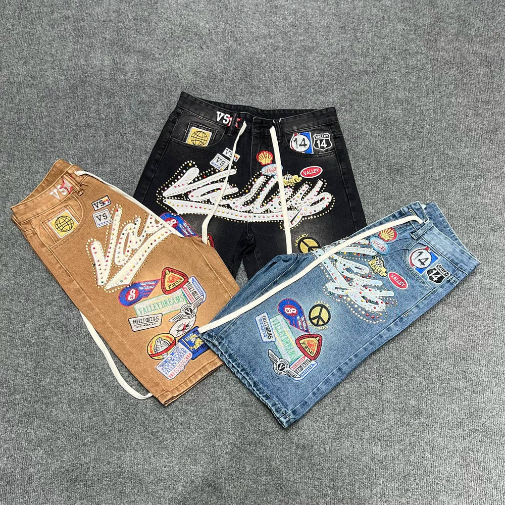 VALE VALLEY Embroidered Badge Rhinestone Denim Shorts
