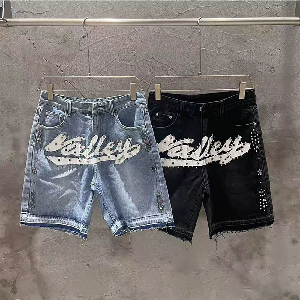 VALE VALLEY Rhinestone Graphic Denim Shorts