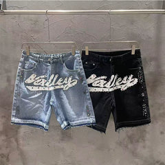 VALE VALLEY Rhinestone Graphic Denim Shorts