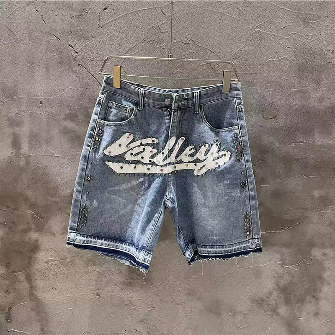 VALE VALLEY Rhinestone Graphic Denim Shorts