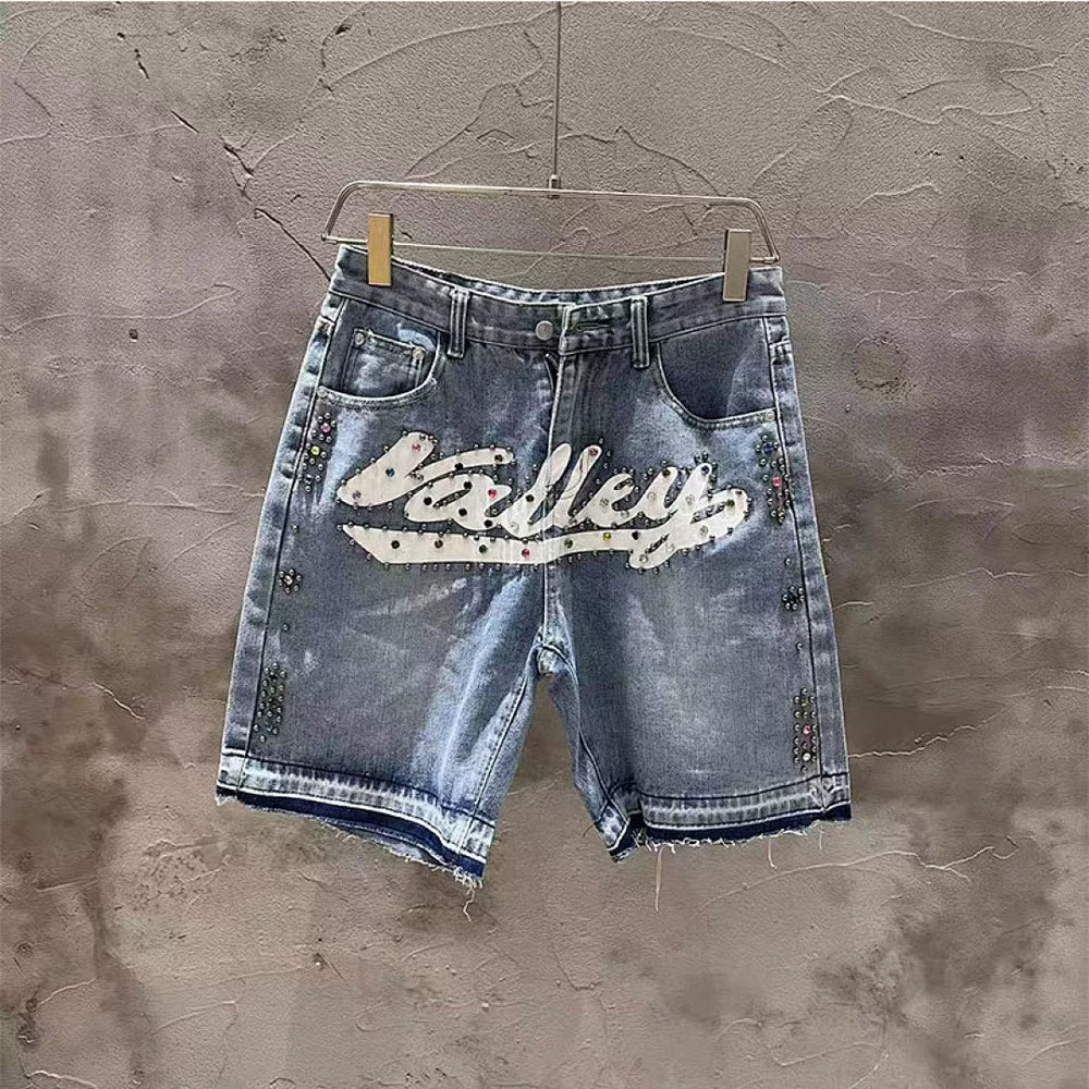 VALE VALLEY Rhinestone Graphic Denim Shorts