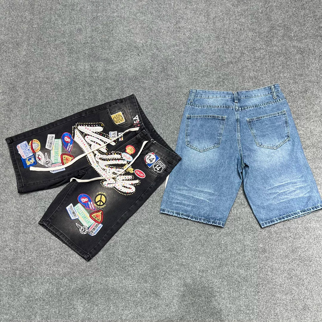 VALE VALLEY Embroidered Badge Rhinestone Denim Shorts
